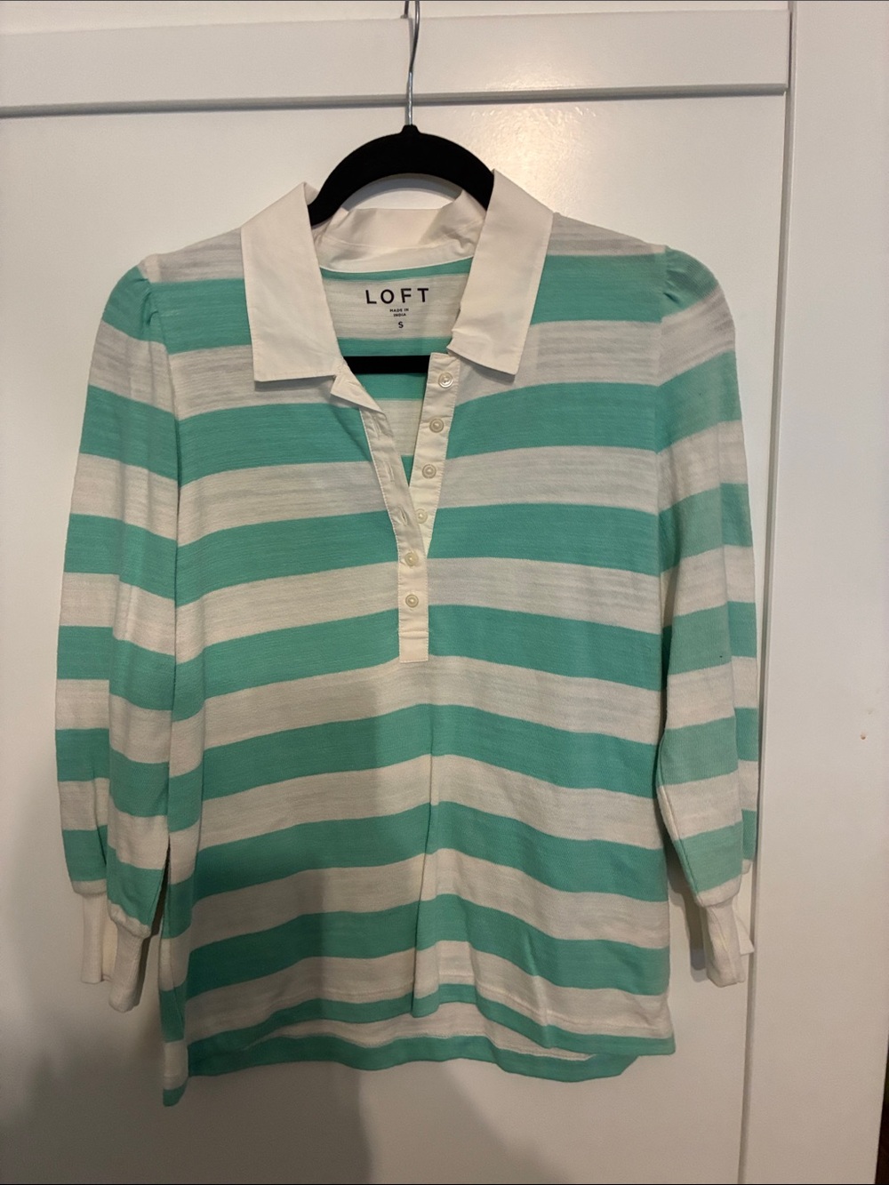 LOFT Mint Green and White Striped Polo Knit Top